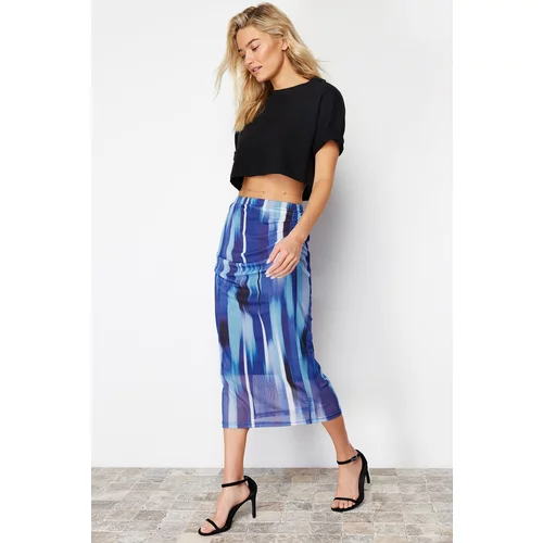 Trendyol Blue Printed Tulle Fitted High Waist Lined Midi Knitted Skirt