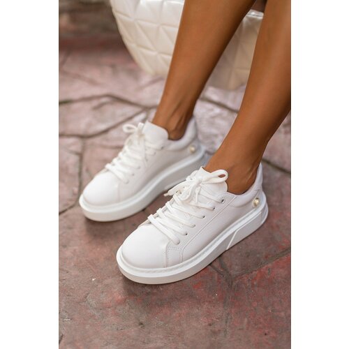 Madamra White Women's Round Toe Pearl Detailed Lace-Up Front Sneaker. Cene