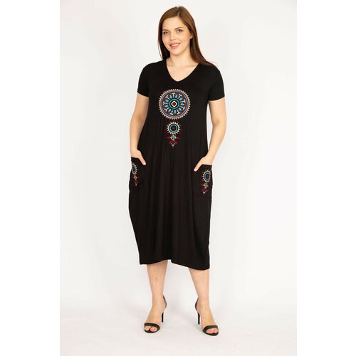 Şans Women's Black Plus Size Embroidery Detailed Dress Cene