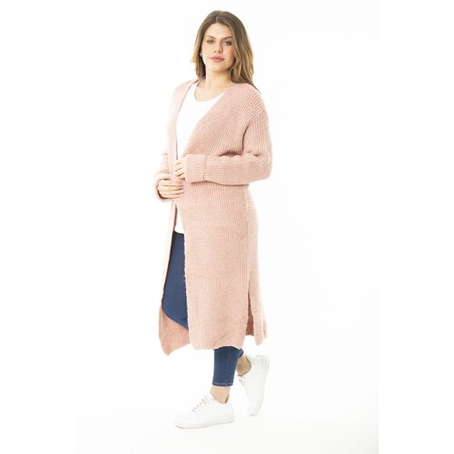 Şans Women's Plus Size Pink Knitwear Long Cardigan with a Slit Slike