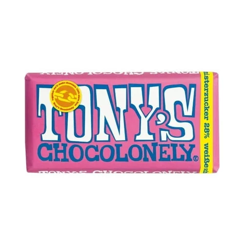 Tony's Chocolonely Bela čokolada 28% z malinami in prasketajočim sladkorjem