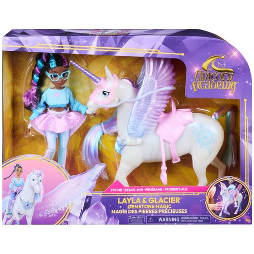 Unicorn Academy Gemstone Magic, gibljiva lutka Layla in samorog Glacier z lučmi in zvoki Slike