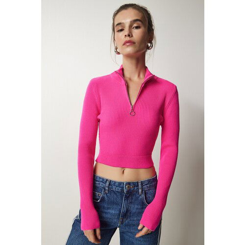 Happiness İstanbul Women's Pink Zipper Ribbed Crop Knitwear Sweater Slike