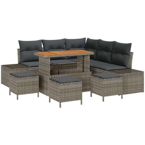 vidaXL 9-dijelni set vrtnih sofa s jastučićima sivi poli ratan akacija, 2-sjedalna vrtna sofa s jastučićima sivi poli ratan, 4-dijelni set vrtnih blagovaonica s jastučićima sivi poli ratan akacija Cijene