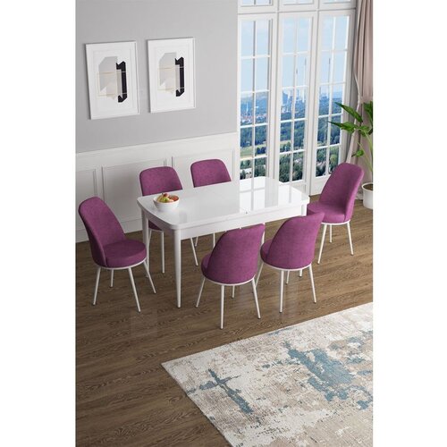 Hanah home Han - White, Purple WhitePurple Extendable Dining Table & Chairs Set (7 Pieces) Cene