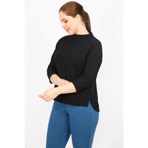 Şans Women's Black Plus Size Capri Sleeve Patterned Side Slit Blouse Slike