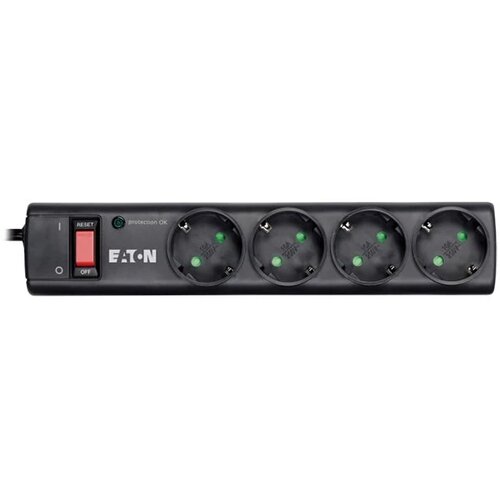 Eaton Protection Strip 4 DIN, 10A, Input: Schuko, Outputs: (4) Schuko; Power Cord Lenght 1m; Over voltage protection; OnOff switch; LED ind Cene