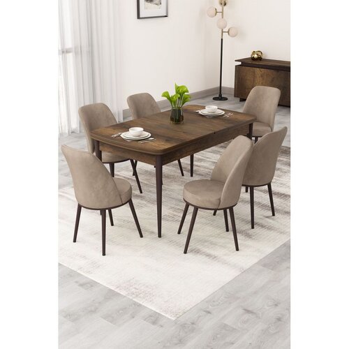 Hanah home trpezarijski set Rax, sto na razvlačenje i 6 stolica, ploča u dekoru drveta Baroque, kapućino tkanina Babyface Cene