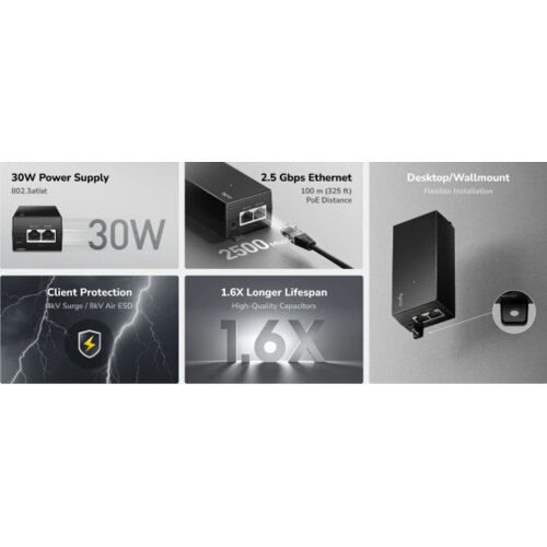 Cudy POE200H 30W 2.5 gbps poe+ Injector,10/100/1000/2500 mbps Cene