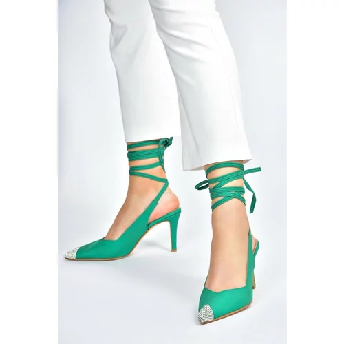 Fox Shoes Green Satin Fabric Pointed Toe Stone Detailed Heeled Shoes