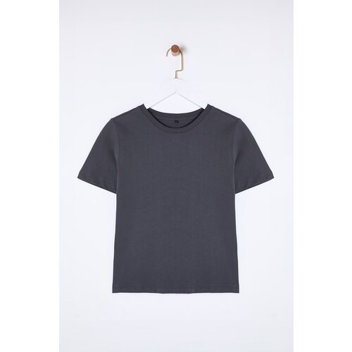 Trendyol Anthracite 100% Cotton Basic Crew Neck Knitted T-Shirt Slike