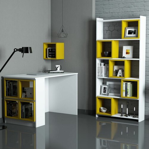 HANAH HOME box - white, yellow whiteyellow study desk & bookshelf polica za knjige Slike