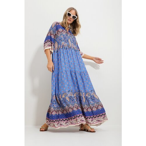 Trend Alaçatı Stili Women's Light Blue Front Laced Patterned Woven Viscose Dress Slike