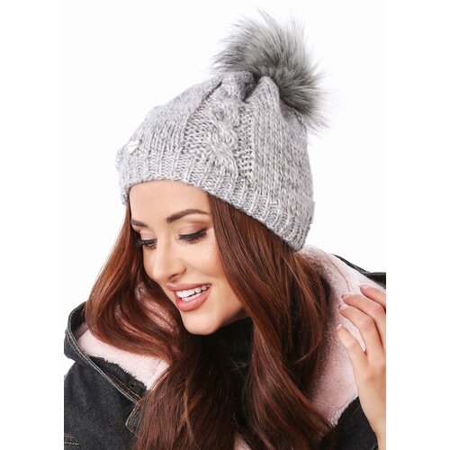 Fasardi Winter hat with a pompom, light gray with a rose Slike