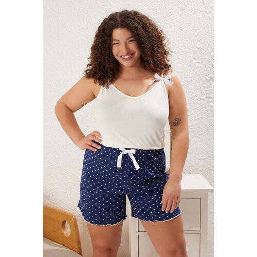 Trendyol Curve White-Navy Blue 100% Cotton Polka Dot Ribbon/Bow Rope Suspender Knitted Pajama Set Cene