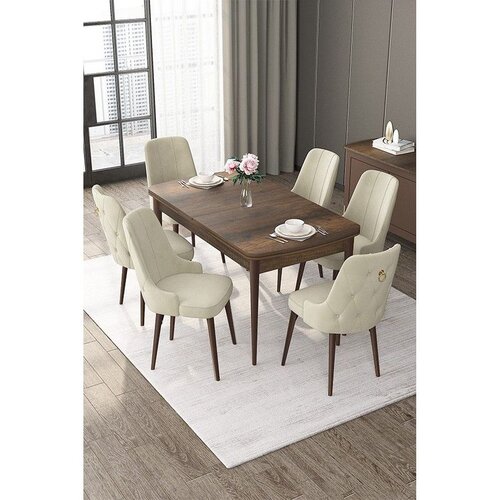 Hanah home trpezarijski set Nex, sto na razvlačenje i 6 stolica, ploča u dekoru drveta Baroque, krem tkanina Babyface Cene