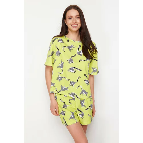 Trendyol Green-Multicolor 100% Cotton Animal Pattern Knitted Pajamas Set