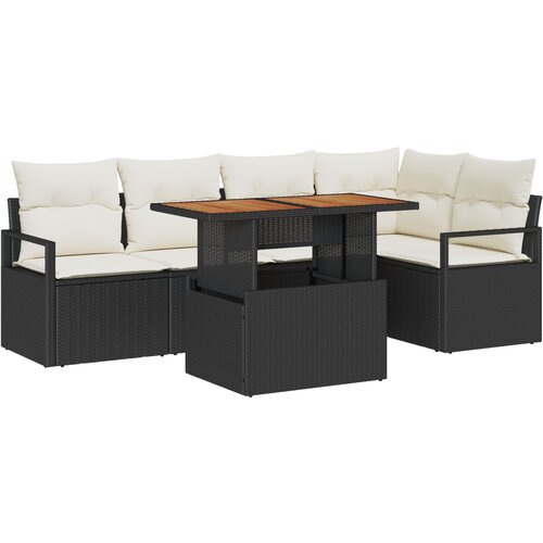 vidaXL 6-delna vrtna kavčna garnitura z blazinami Črn poli ratan Acacia, 2-sedežna vrtna sofa z blazinami Črn poli ratan Cene