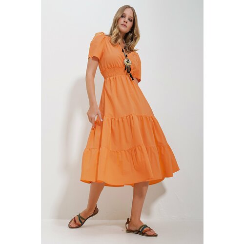Trend Alaçatı Stili Women's Orange Double Breasted Waist Gimped Walloon Woven Poplin Dress Slike