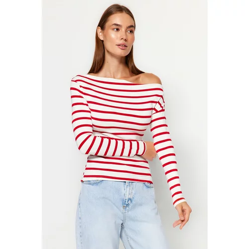 Trendyol Red Stripe Premium Soft Fabric Fitted/Situated Boat Collar Knitted Blouse