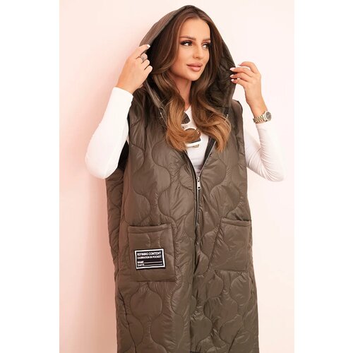 Kesi Włoski Plus Size women&amp;#039;s quilted vest with a hood fastened with a zipper khaki Slike