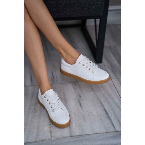 Madamra Women's White Thick Laced Leather Look Sneakers Slike