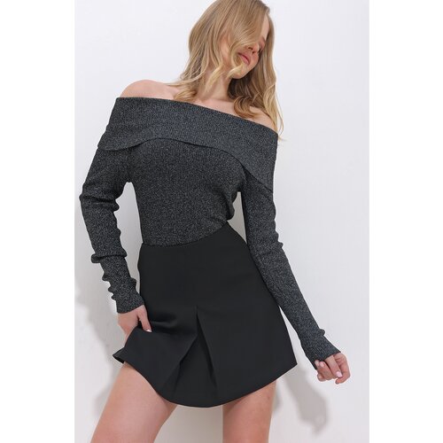 Trend Alaçatı Stili Women's Black Madonna Collar Silvery Sweater Slike