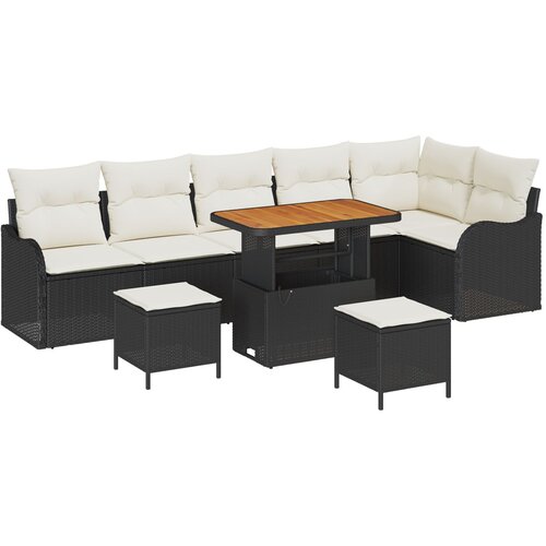 VidaXL Set sofe za vrt s jastučićima, crna poli ratan, akacija, 2-sjedalna sofa za vrt s jastučićima, crna poli ratan, 3 dio set za vrtno objedovanje s jastučićima, crna poli ratan, akacija Slike