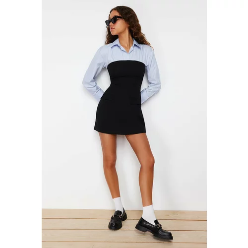 Trendyol Black Plain Bodycone Strapless Detailed Shirt Finike Mini Dress