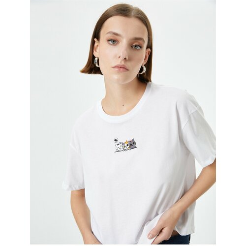 Koton Cat Embroidered T-Shirt Short Sleeve Crew Neck Cotton Standard Fit Slike