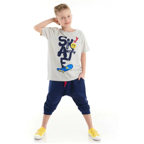 Mushi Blue Skateboarding Boys White T-shirts, Navy Blue Capri Shorts Set.