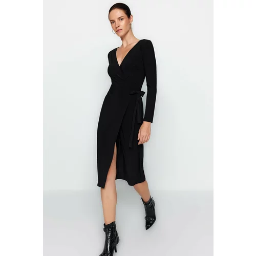 Trendyol Black Double Breasted Neck Belted Fitted Midi Knit Dress