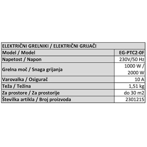 Ramda Električni Grijač EG-PTC2-OF za Prostore do 30m2 Slike