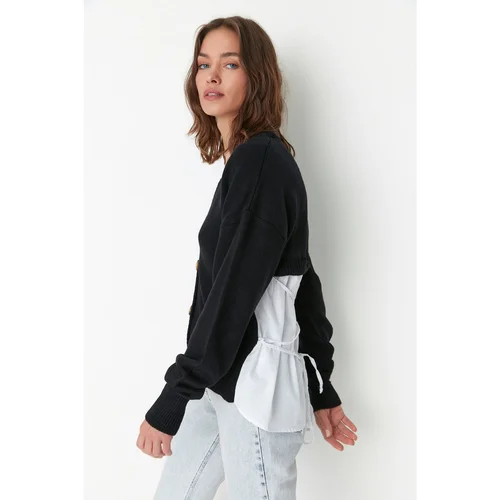 Trendyol Black Oversize Knitwear Cardigan with Woven Garni