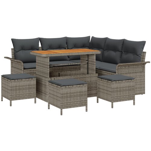 vidaXL 9-dijelni vrtni sofa set s jastučićima, siva poli ratan akacija, 2-mjesta vrtna sofa s prostorom za pohranu i jastučićima, siva poli ratan, 4-dijelni vrtni set za blagovanje s jastučićima, siva poli ratan akacija Cijene