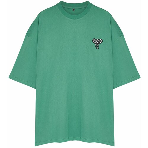 Trendyol Men's Plus Size Green Oversize Comfortable Animal Embroidery 100% Cotton T-Shirt Slike