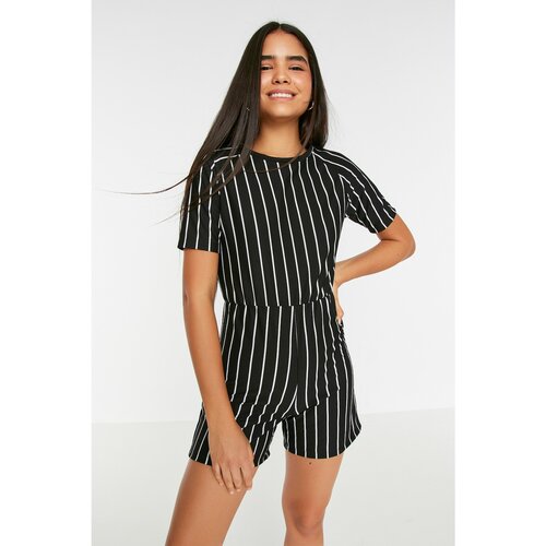 Trendyol Black Striped Belted Slim Knitted Jumpsuit Slike