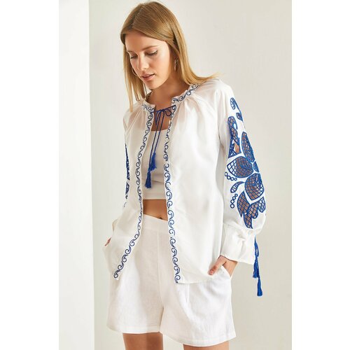Bianco Lucci Women's Tied Collar Embroidered Loose Shirt Slike