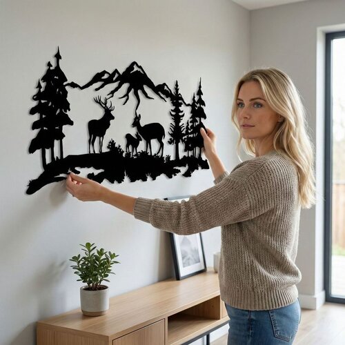 Wallxpert metalni zidni ukras 5275, jeleni u planinskom pejzažu sa šumom, 100 x 44 cm, crni Cene