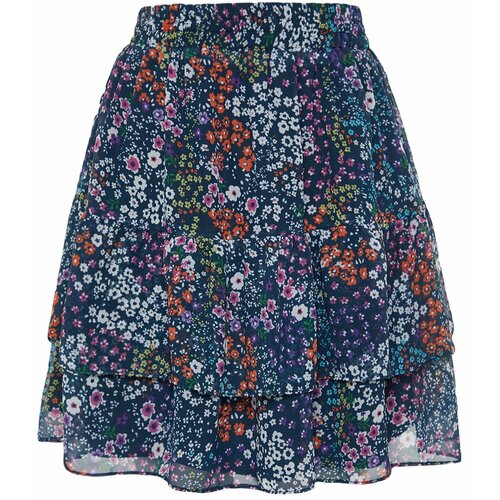 Trendyol Navy Blue Lined Flounce Chiffon Floral Pattern Mini Woven Skirt Slike