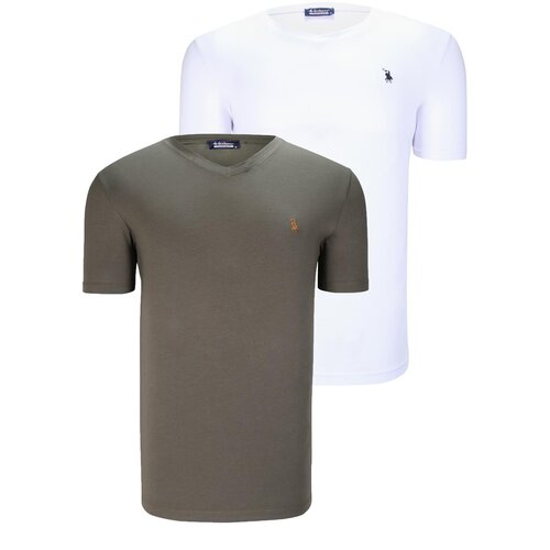 Dewberry DUAL SET T8568 V-NECK MENS T-SHIRT-WHITE-KHAKI Cene