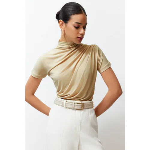 Trendyol Stone Ruffle/Drape Detail Fitted/Fitted Short Sleeve Stand Collar Stretchy Knitted Blouse