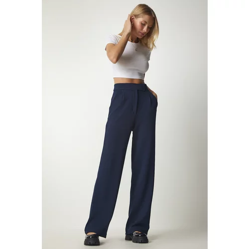Happiness İstanbul Women's Navy Blue Comfortable Woven Pants with Velcro Waist