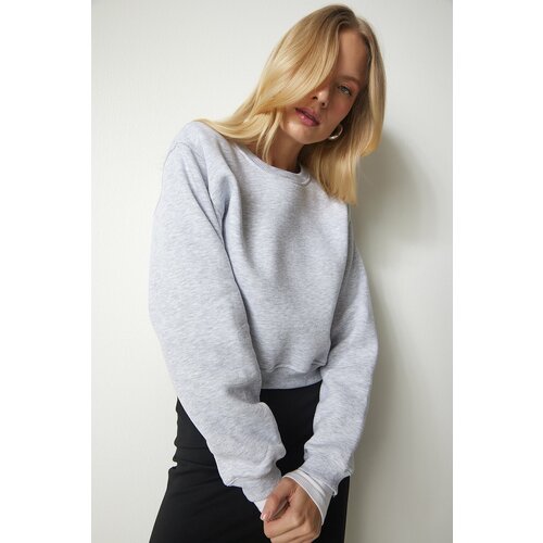 Happiness İstanbul Women's Gray Melange Framed Crop Sweatshirt Slike