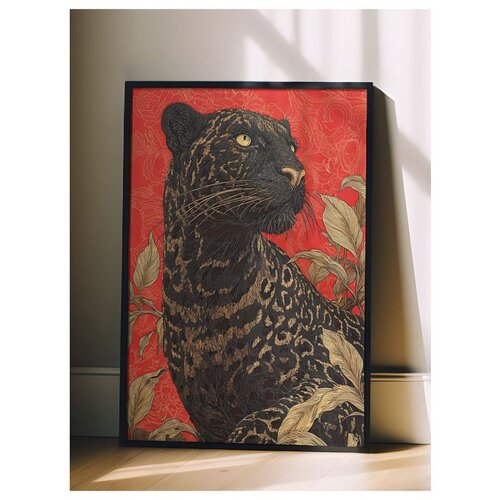 Wallxpert uramljena slika 115265, crni panter sa lišćem na crvenoj pozadini, 50 x 70 cm, crni ram Cene