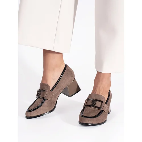 Shelvt Suede beige shoes with a thick heel