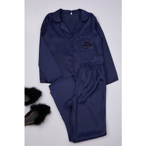 Trendyol Navy Blue New Year Themed Embroidered Satin Shirt-Pants Woven Pajama Set Cene