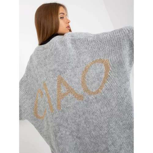 Fashionhunters Gray loose cardigan with OH BELLA inscriptions on the back