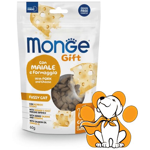 Monge GIFT Poslastica za mačke Grain Free Fussy Cat Svinjetina&amp;amp;Sir 60g Slike