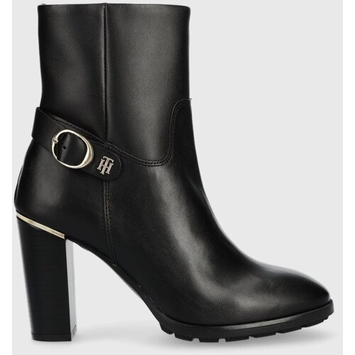Tommy Hilfiger Usnjeni gležnarji Belt High Heel Boot ženski, črna barva Slike